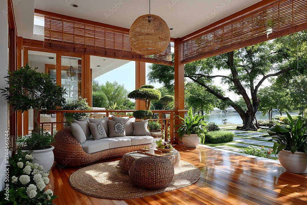 Fototapeta premium Relaxing veranda with wooden furniture setup high resolution picture
