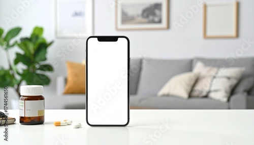 画面が白い携帯電話とお薬　背景：リビング　AI生成素材