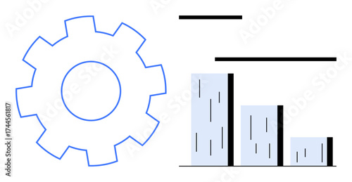 Illustration of a blue gear next to a bar chart with three columns. Ideal for business analytics, teamwork, workflow efficiency, process management, data strategy, productivity, simple flat metaphor