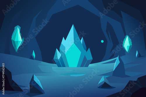 Glowing crystals inside a dark blue colored cavern