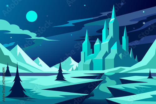 Winter landscape with castle and moon illustration