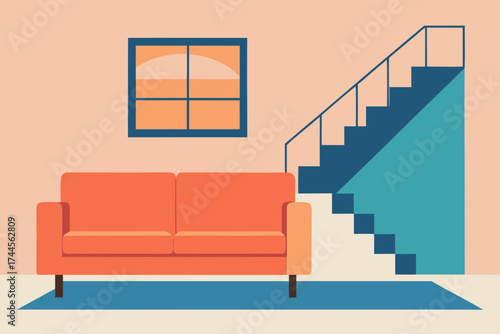 Orange couch and stairs in a light colored room