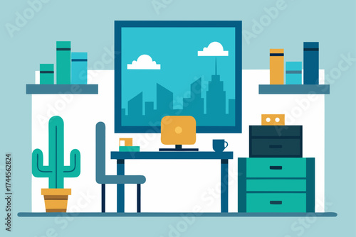 Illustration of a desk with a computer and a window