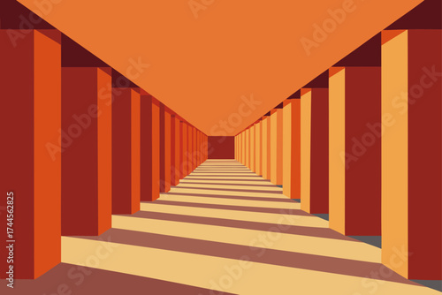 Perspective view of a corridor with repetitive pillars
