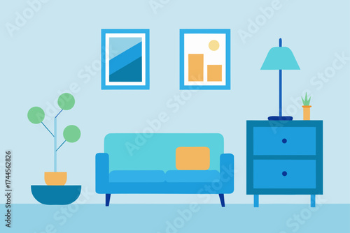 A living room scene with couch and decorations art