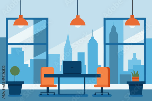 Office interior with city view and desk arrangement