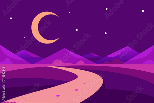 A landscape with a road under the moon and the stars