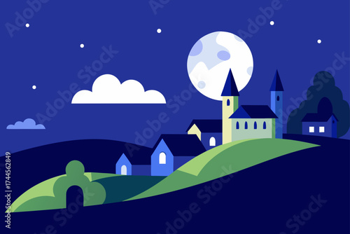 Night scene with village full moon and starry sky