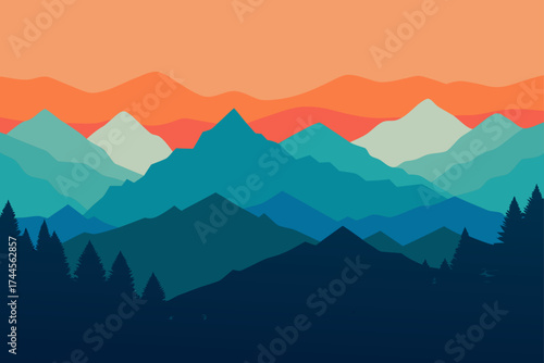 Layered mountains with trees and orange sky vector
