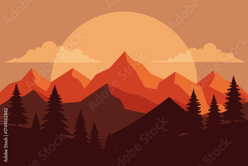 Scenic mountain range with trees and sunset backdrop