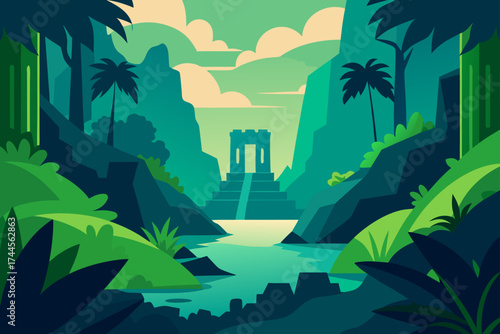 Jungle landscape with temple and river illustration