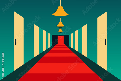 Illustration of a long hallway with a red carpet