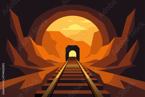 A train track leading into a tunnel with mountains