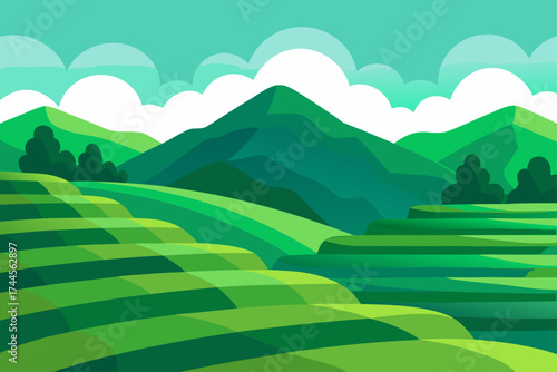 Illustration of green rice terraces with mountains