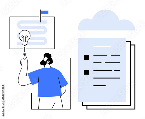 Man engaging with a lightbulb flowchart and documents, representing brainstorming, planning, and idea development. Ideal for innovation, organization, business, creativity, strategy productivity