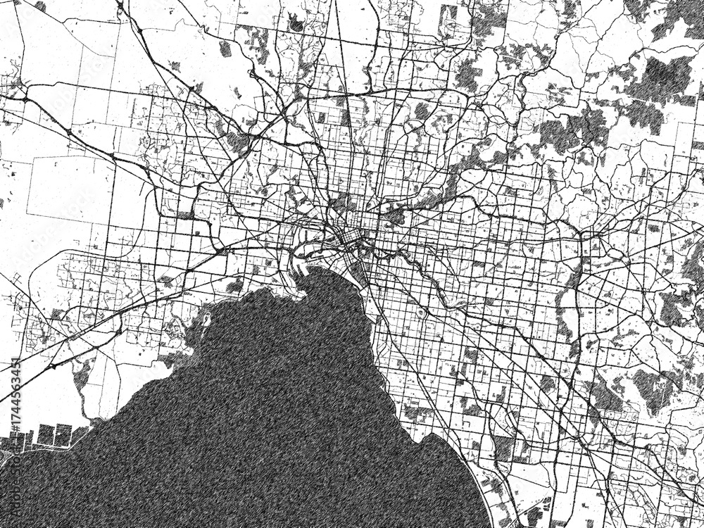 Obraz premium Decorative black and white map of Melbourne, Australia, rendered in sketch-like style.