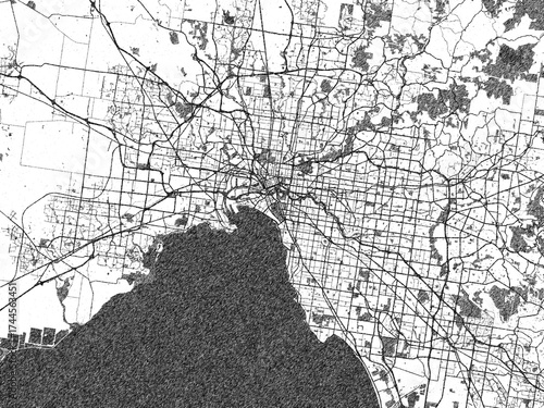 Decorative black and white map of Melbourne, Australia, rendered in sketch-like style.