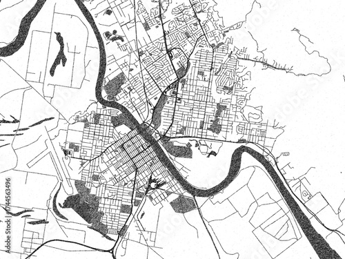 Artistic urban sketch of Rockhampton, Australia, detailed in black and white map form.