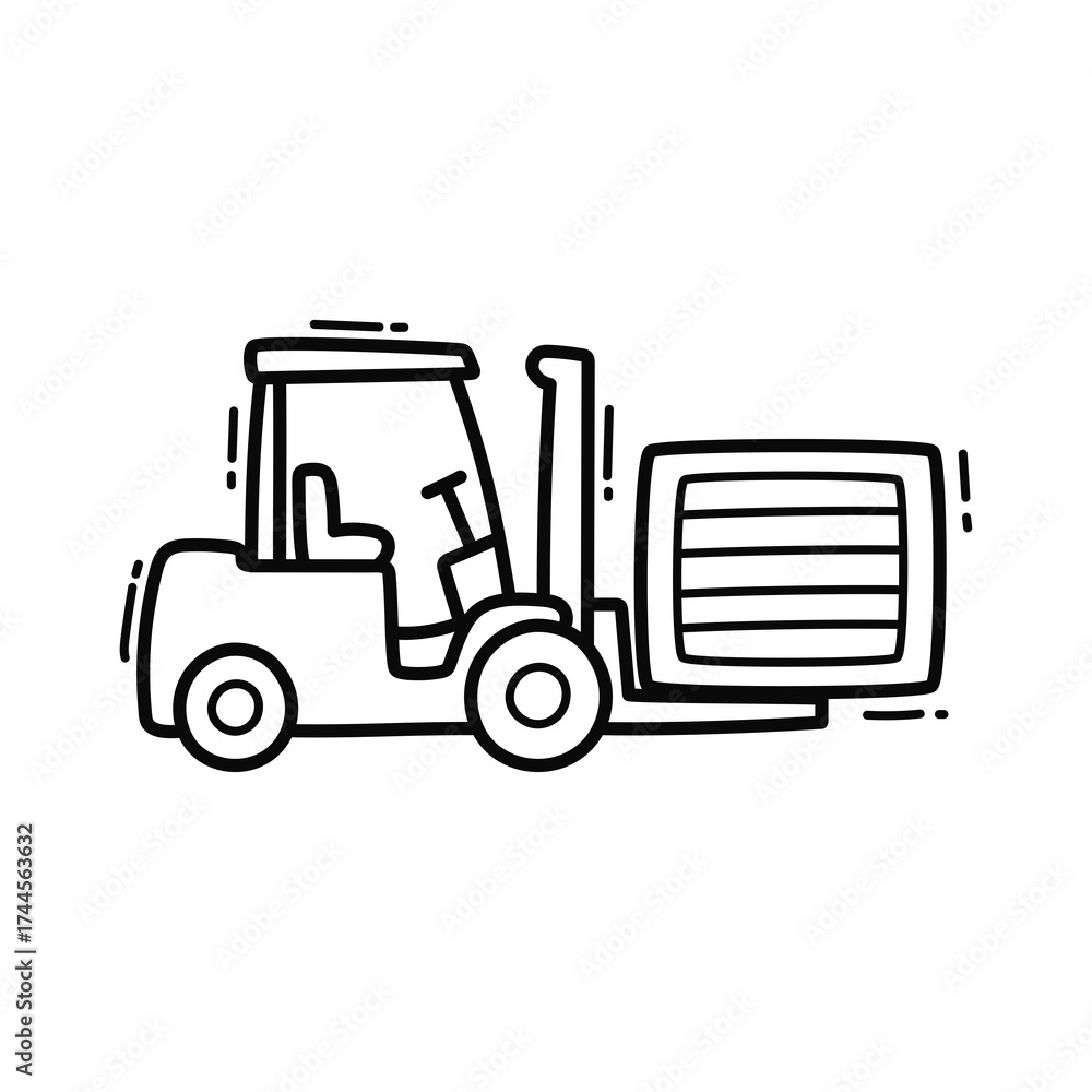 Fototapeta premium Forklift Truck Lifting Crate in Black and White Outline Isolated on Transparent Background