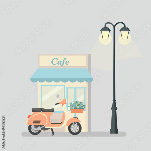 Flat Style Cute Scooter in Front of Cafe Building Illustration