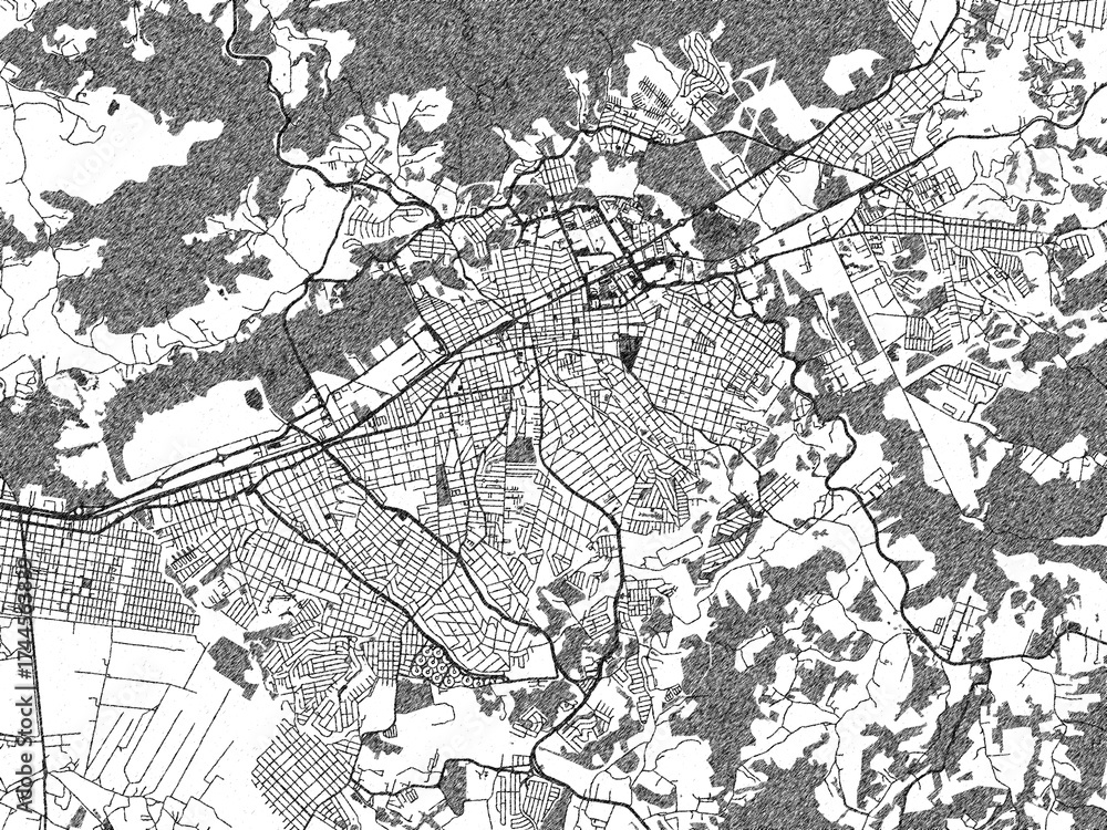 Fototapeta premium Detailed artistic sketch map of Mogi das Cruzes, Brazil, in monochrome black and white.