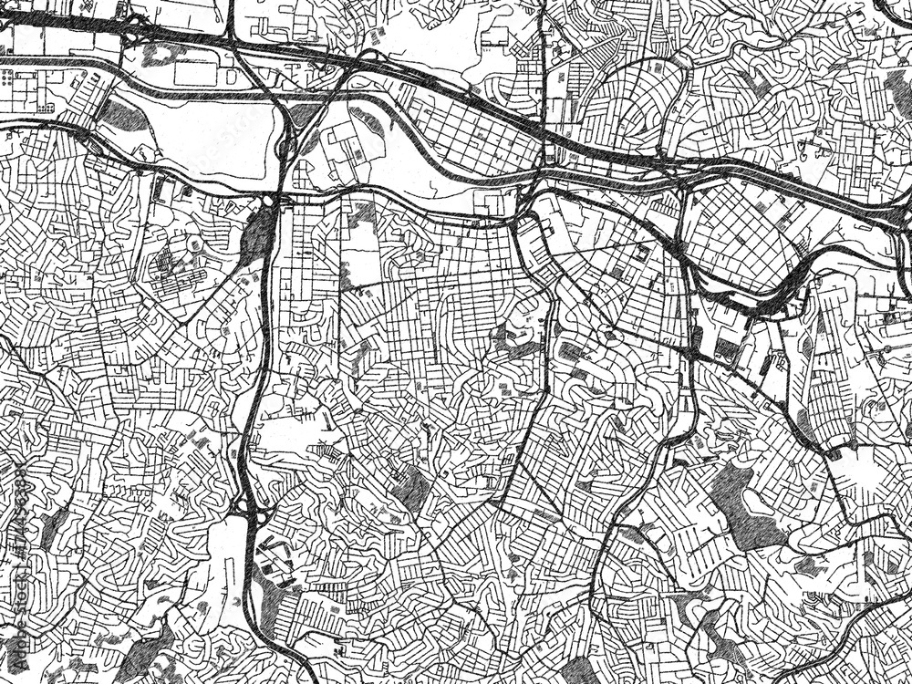 Fototapeta premium Stylized decorative city map of Osasco, Brazil, hand-drawn in black and white.