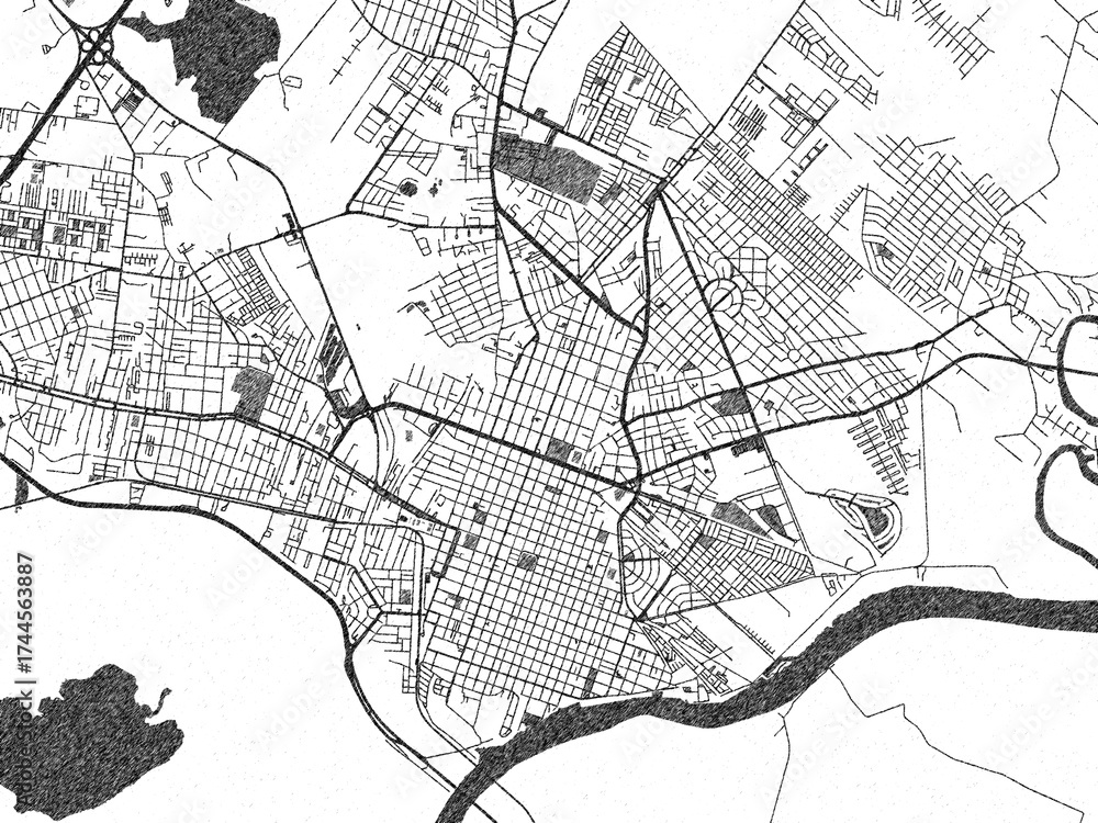 Fototapeta premium Urban black and white map of Pelotas, Brazil, designed in a sketch style for prints.