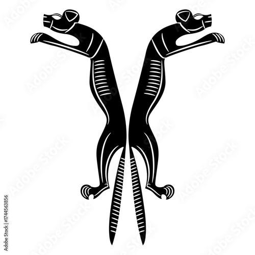 Symmetrical design with two stylized hyenas standing on hind legs. Ancient Egyptian animal motif. Black and white silhouette.
