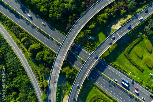 Aerial view of highway interchange with curved ramp