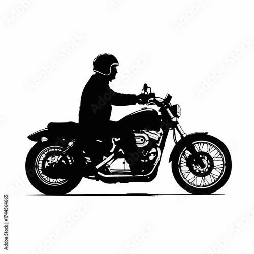Silhouette of a man with a helmet riding a classic cruiser motorcycle. Side view vector illustration of a biker on a custom bike, embodying a spirit of freedom and adventure.