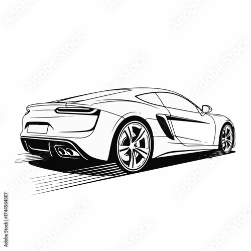 Sleek modern sports car from the rear three-quarter view. Dynamic black and white line art sketch of a powerful, fast luxury supercar. Vector illustration for automotive design.