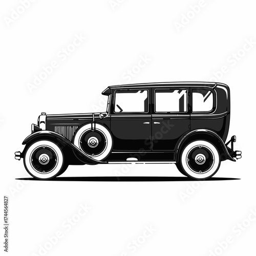 Classic 1920s black sedan car. Side view of a retro luxury automobile from the Prohibition era. Vector illustration of a vintage vehicle isolated on a white background.