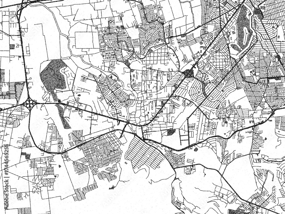 Fototapeta premium Illustrated map of El Pueblito, Mexico, in black and white hand-drawn digital style.