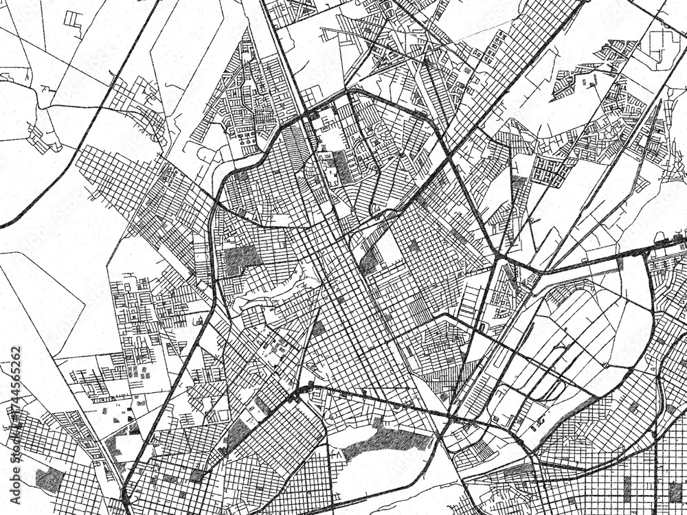 Naklejka premium Hand-drawn style black and white city map of Gomez Palacio, Mexico, with detailed streets and textures.