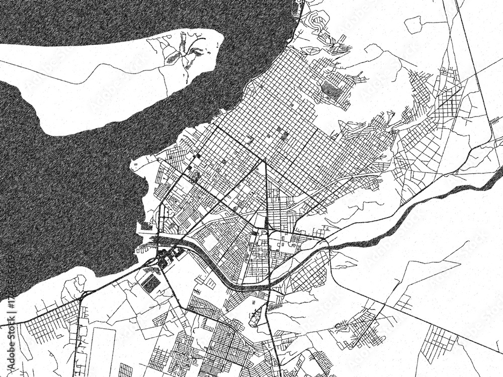 Naklejka premium Illustrated city map of La Paz, Mexico, in black and white, showing roads and textures.