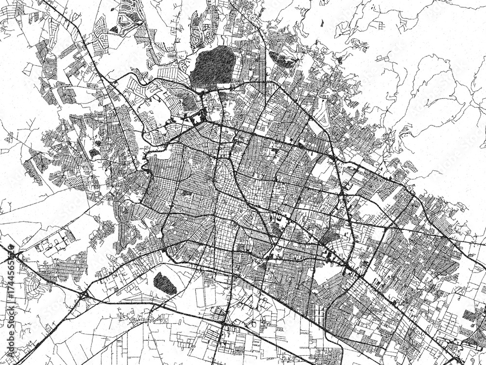 Obraz premium City map illustration of Leon de los Aldama, Mexico, in black and white sketch style.