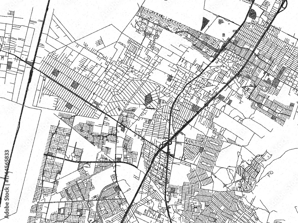 Obraz premium Hand-drawn style black and white city map of Ojo de Agua, Mexico, ready for wall art or editorial projects.