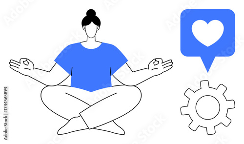 Woman meditating in a cross-legged pose, accompanied by a heart notification and gear icon. Ideal for mindfulness, self-care, wellness, productivity, technology, social media, and work-life balance