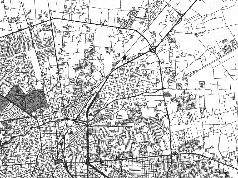Obraz premium Hand-drawn style black and white city map of Soledad de Graciano Sanchez, Mexico, with detailed streets and textures.
