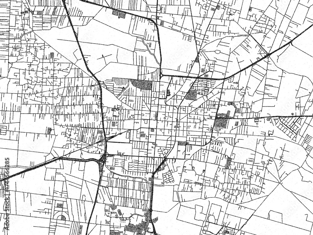 Fototapeta premium Hand-drawn style black and white city map of Texcoco de Mora, Mexico, ready for wall art or editorial projects.