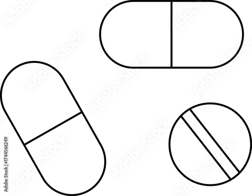 Three sketched pills two capsule shaped one round with a dividing line all in black outline