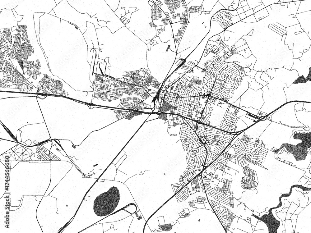 Obraz premium Black and white illustrated map of Emalahleni, South Africa, with streets, rivers, and neighborhoods.