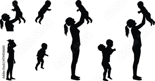 Silhouette of mother holding baby, happy family moment, loving parent and child bonding, motherhood affection, care, parenting joy, family love illustrationSilhouette of mother holding baby, 