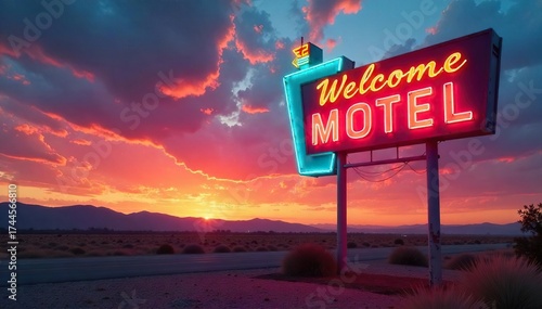 Retro Welcome Motel Sign at Sunset Classic Americana Road Trip Destination