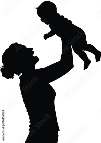 Silhouette of mother lifting baby, family love, motherhood, parent and child bonding, happy mom and baby relationship illustrationSilhouette of 