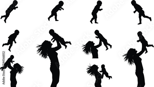 Silhouette of mother lifting baby, family love, parenting care, joyful motherhood, mother and child bonding, happiness, affection, parent relationship illustration