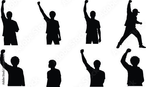 Silhouette of people raising fists in unity and protest, concept of empowerment, freedom, equality, activism, revolution, resistance, and change