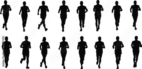 Silhouette of people running forward, athletic exercise, jogging workout, healthy lifestyle concept, marathon training illustration, fitness and endurance activitySilhouette of people 