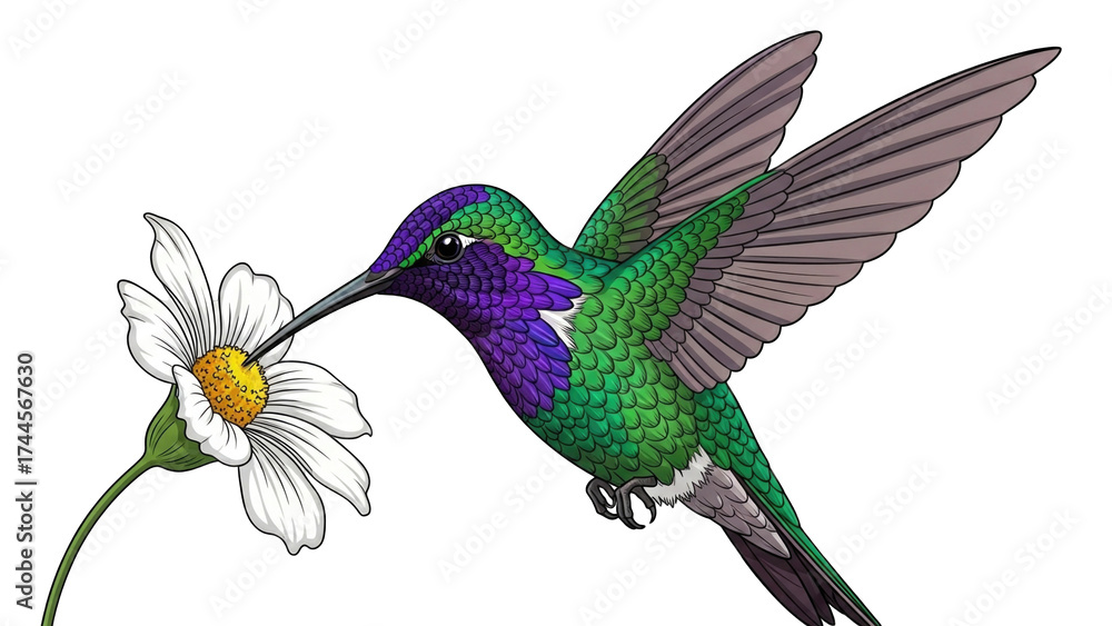 Obraz premium Hummingbird with green and purple feathers feeding on a white daisy flower.