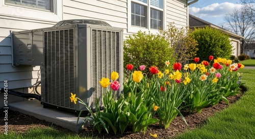 An outdoor home cooling unit sits on a concrete pad next to a white-sided house bordered by a vibrant bed of red yellow and pink flowers